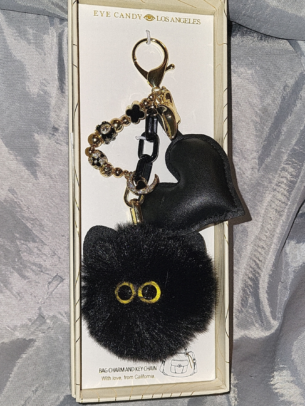 eye candy Black Cat Heart Pom-Pom Keychain with Gold Accents Ta M